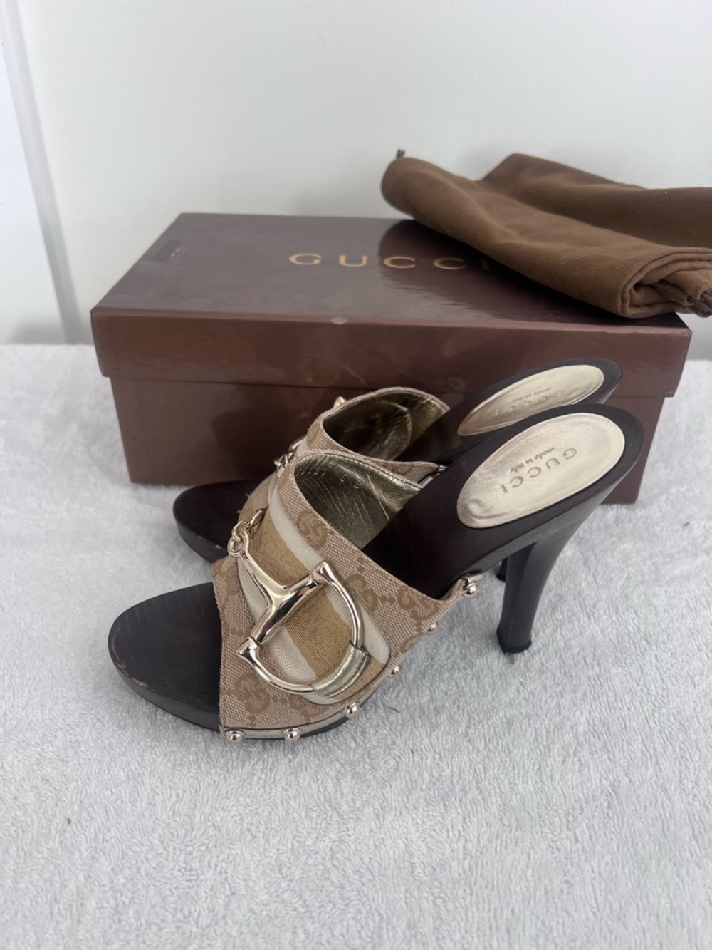 Gucci Beige Brown Canvas Horsebit Slide Mules - Picture 3 of 4
